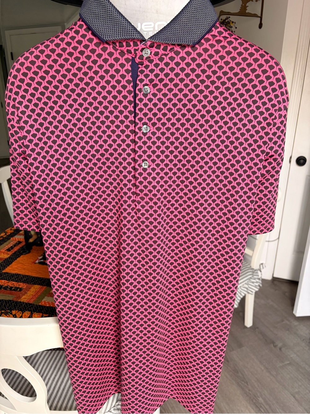 Greyson Pink Geometric Polo with Contrast Navy Collar